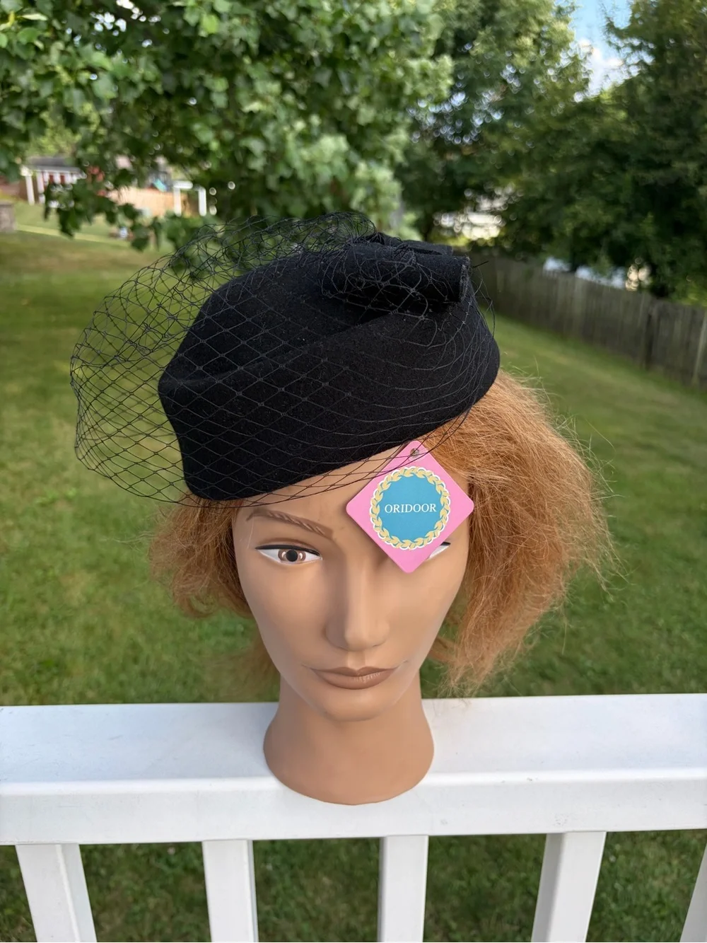 NWT ORIDOOR black retro felted wool cap with bow & veil net hair clips one size